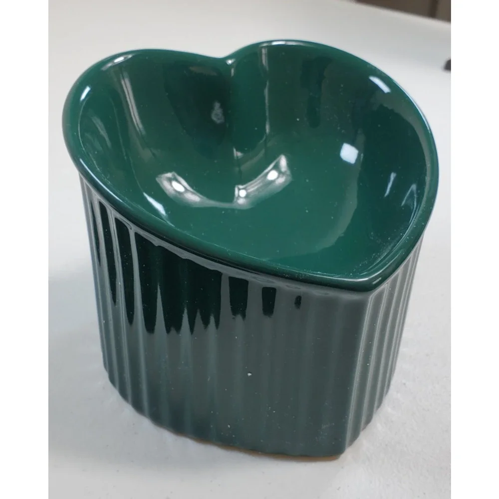 Elevated Tilted Ceramic Pet Bowl Dark Green Heart Raised Food Water Dish